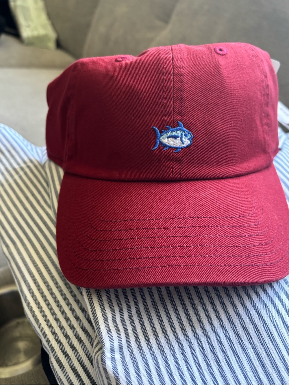 Southern Tide Maroon Cap with Blue & White Fish Embroidery